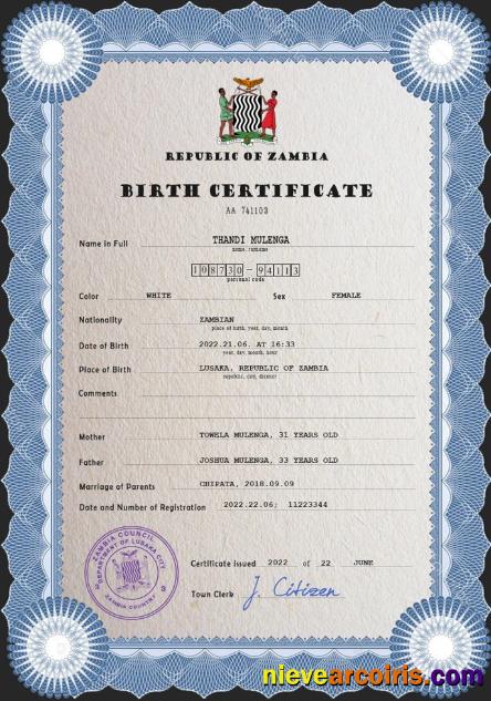 Zambia vital record birth certificate